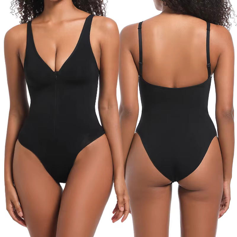 Front view of seamless invisible zip up bodysuit