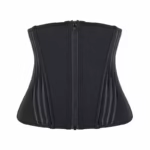 Front view of black underbust waist cincher corset showing center-front zipper closure, hourglass contour, and vertical steel boning channels.