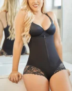 Open Bust Zipper Shapewear Bodysuit with Lace Trim