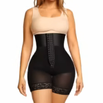 Front and side view of high waisted tummy control shaping shorts