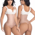 Front view of high waisted shaping thong with straps