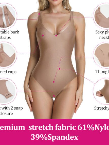 Deep V-neck detail of seamless unlined plunge thong shapewear