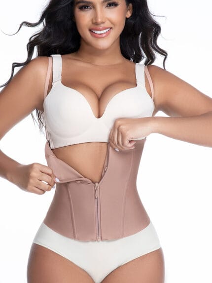 Front view of 15 steel bone waist cincher with straps