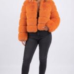 Women's Tiered Cropped Faux Fur Jacket in Orange - front view