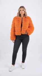 Women's Tiered Cropped Faux Fur Jacket in Orange - front view
