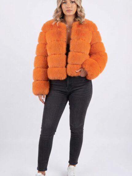 Women's Tiered Cropped Faux Fur Jacket in Orange - front view