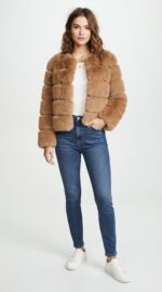 Women's Tiered Cropped Faux Fur Jacket in Light Khaki - front view