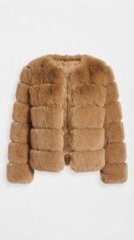 Women's Tiered Cropped Faux Fur Jacket in Light Khaki - alternate angle
