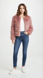 Women's Tiered Cropped Faux Fur Jacket in Dusty Pink - front view