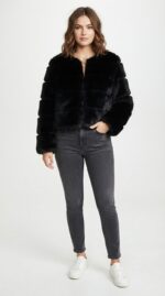 Women's Tiered Cropped Faux Fur Jacket in Black - front view