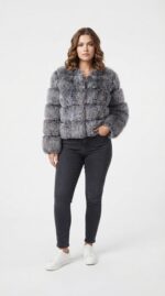Women's Tiered Cropped Faux Fur Jacket in Navy - front view