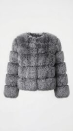 Women's Tiered Cropped Faux Fur Jacket in Navy - alternate angle