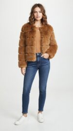 Women's Tiered Cropped Faux Fur Jacket in Brown - front view