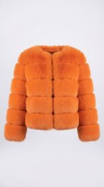 Women's Tiered Cropped Faux Fur Jacket in Orange - alternate angle