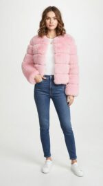 Women's Tiered Cropped Faux Fur Jacket in Pink - front view