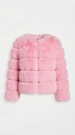 Women's Tiered Cropped Faux Fur Jacket in Pink - alternate angle