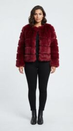 Women's Tiered Cropped Faux Fur Jacket in Red - front view