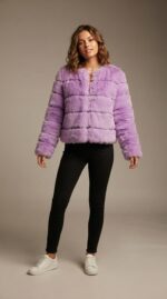 Women's Tiered Cropped Faux Fur Jacket in Lilac Purple - front view