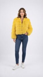 Women's Tiered Cropped Faux Fur Jacket in Yellow - front view