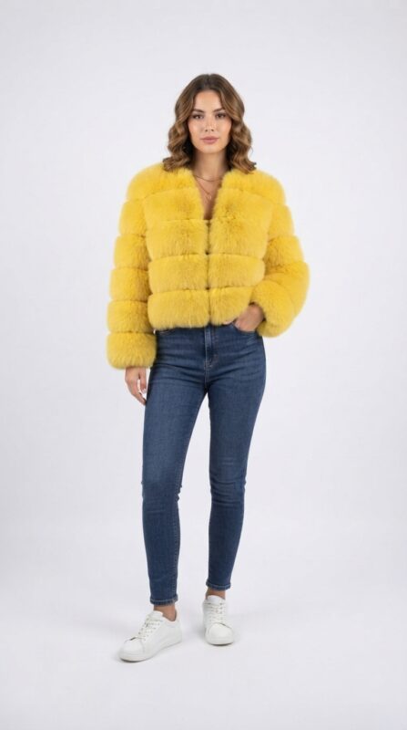 Front view on mannequin of women's bright yellow tiered cropped faux fur coat.
