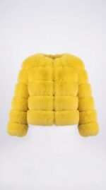 Women's Tiered Cropped Faux Fur Jacket in Yellow - lifestyle view