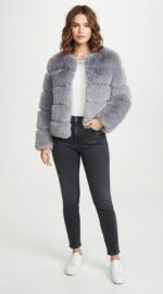 Women's Tiered Cropped Faux Fur Jacket in Light Grey - back view