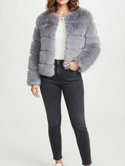 Women's Tiered Cropped Faux Fur Jacket in Light Grey - back view