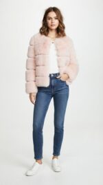 Women's Tiered Cropped Faux Fur Jacket in Light Pink - side view