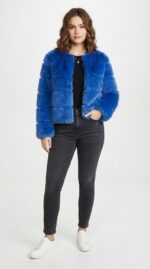Women's Tiered Cropped Faux Fur Jacket in Blue - detail view