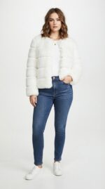Women's Tiered Cropped Faux Fur Jacket in White - front view