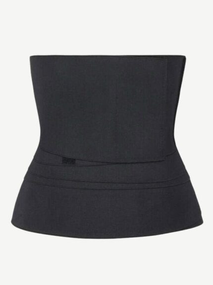 Black latex wrap compression band coiled flat, front product view.