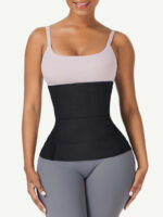Woman wearing the black latex wrap band, front view.