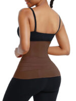 Woman wearing the mocha brown wrap band, back view showing full coverage.