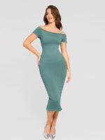 Woman in light green off-shoulder shaper dress, front view.