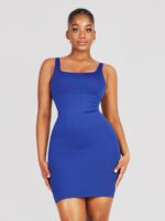 Woman in royal blue square-neck mini shaper dress, front view.