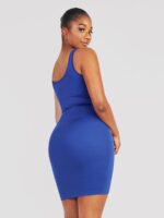 Back side view of royal blue seamless mini dress.