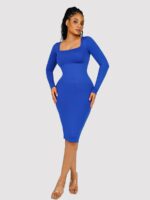 Woman in royal blue long-sleeve bodycon midi dress.