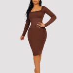 Woman in dark brown square-neck long-sleeve shaper dress.