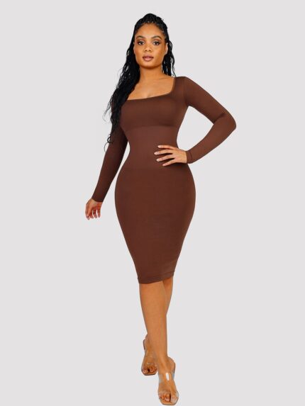 Woman in dark brown square-neck long-sleeve shaper dress.
