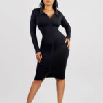 Woman in black shirt-collar button-front shaper dress.