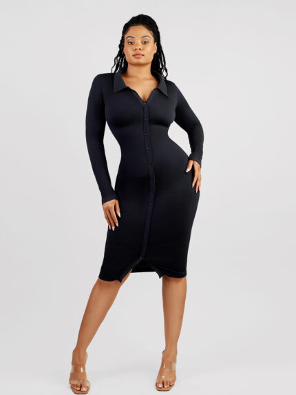 Woman in black shirt-collar button-front shaper dress.