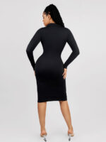 Back view of black long-sleeve ribbed midi dress.