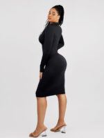 Side view of black waist-trimming shirt dress.