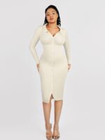 Woman in white button-front bodycon midi dress.