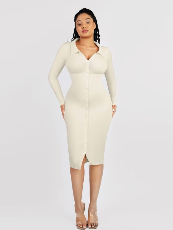Woman in white button-front bodycon midi dress.