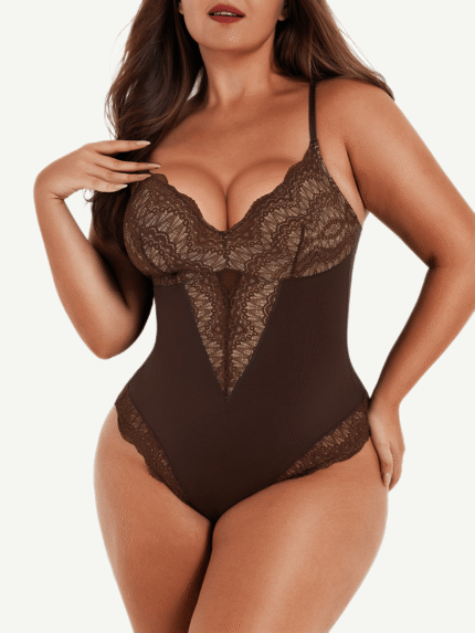 Woman wearing the dark brown lace bodysuit, front view.