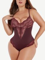 Close-up of dark red floral lace front panel.