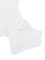 Close-up of white snap-button crotch closure on lace trim.