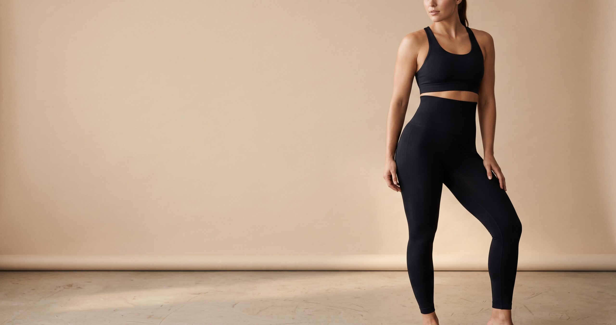 Woman in black shaping leggings and sports top, studio hero banner.