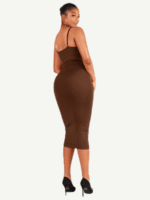 Back view of dark brown V-neck maxi shaper dress.